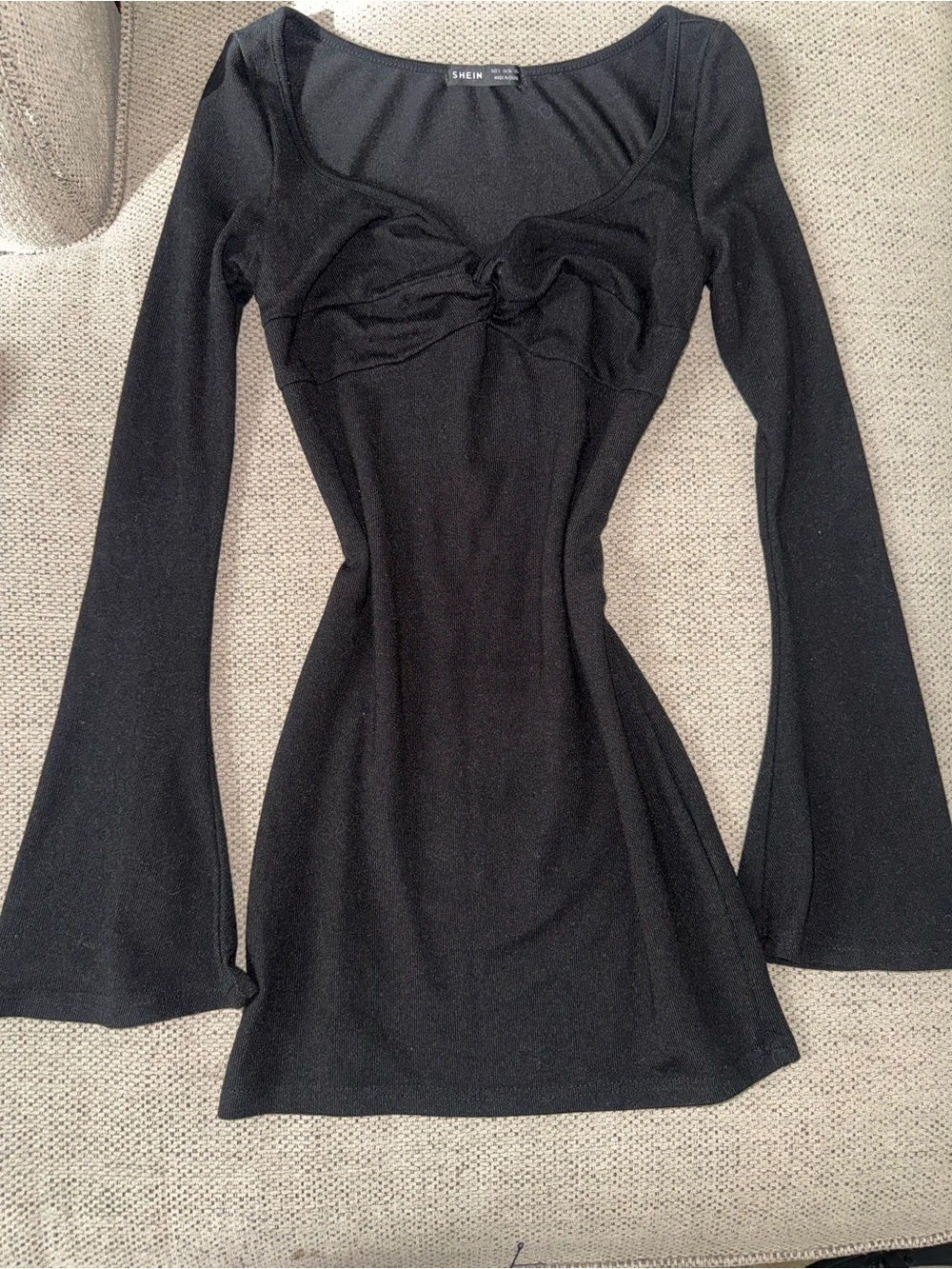 SHEIN Black Long Sleeve Knot-Front Bodycon Mini Dress